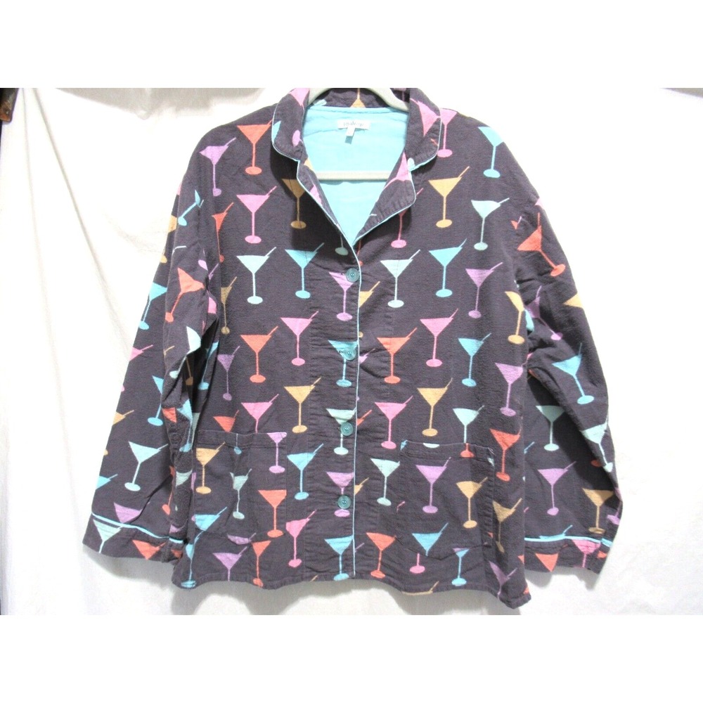 P.J. Salvage Size Medium Gray Martini Glasses Long Sleeve Flannel Pajama Top